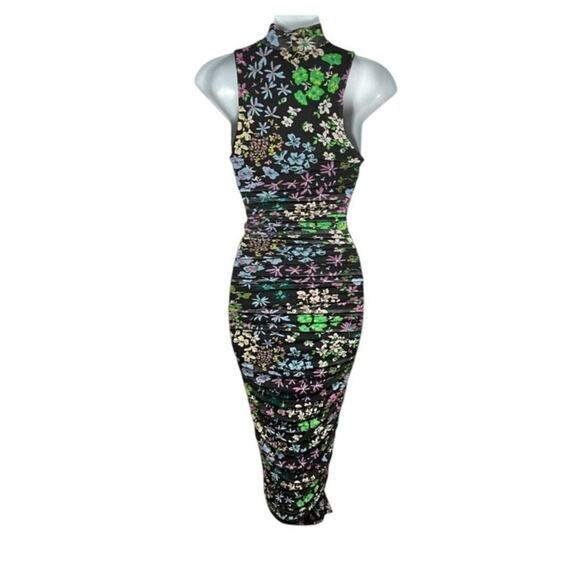 NEW Afrm floral midi bodycon mock neck black midi Katia dress medium - Picture 3 of 10